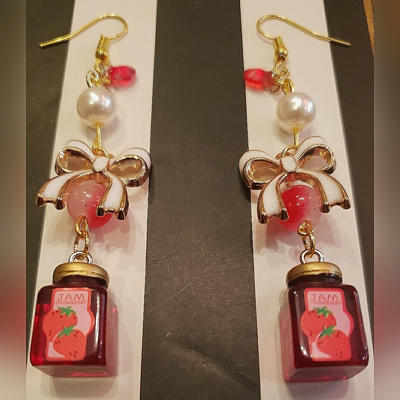 Handmade Cute Bows & Strawberry Jam Pendant Dangle Earrings - Picture 2 of 5